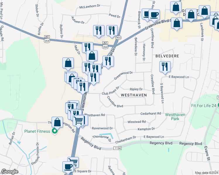 map of restaurants, bars, coffee shops, grocery stores, and more near 104 Greenwood Drive in Greenville