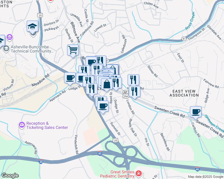 map of restaurants, bars, coffee shops, grocery stores, and more near 2 Reed Street in Asheville