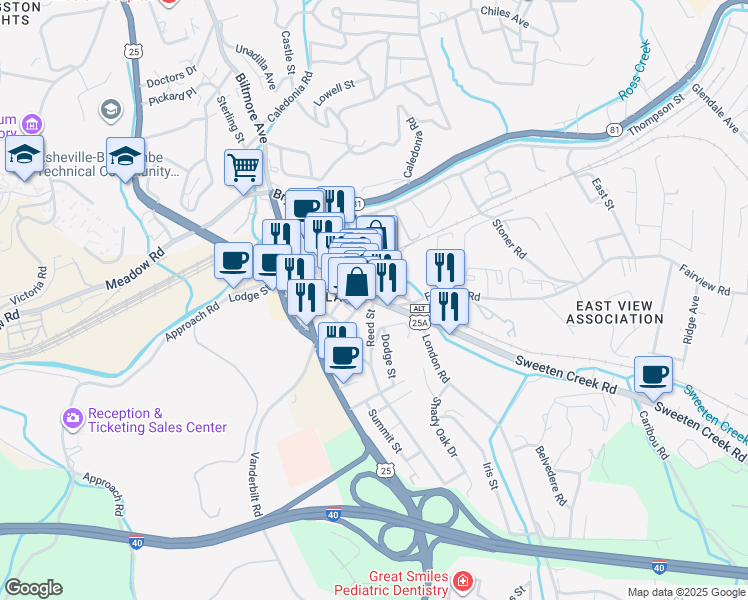 map of restaurants, bars, coffee shops, grocery stores, and more near 2 Reed Street in Asheville