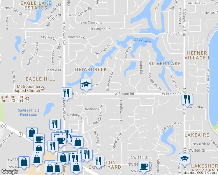 map of restaurants, bars, coffee shops, grocery stores, and more near 6613 Northwest 94th Street in Oklahoma City