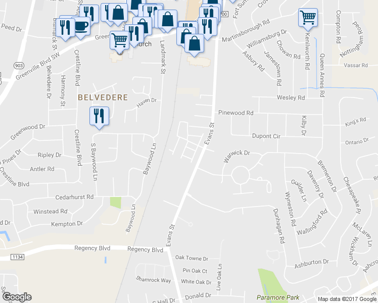 map of restaurants, bars, coffee shops, grocery stores, and more near 121 West Victoria Court in Greenville