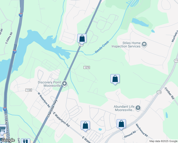 map of restaurants, bars, coffee shops, grocery stores, and more near Deerwood Lane in Mooresville