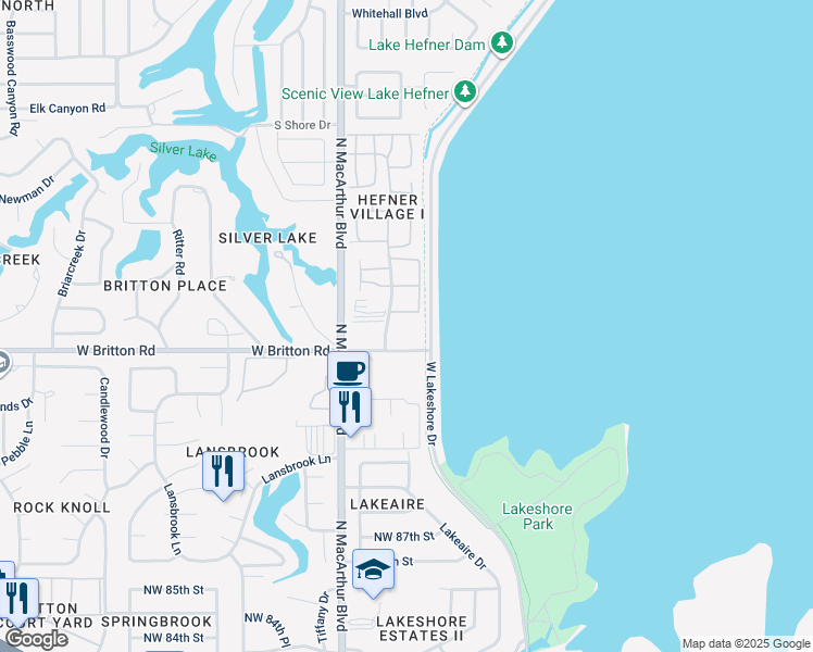 map of restaurants, bars, coffee shops, grocery stores, and more near 5701 West Britton Road in Oklahoma City