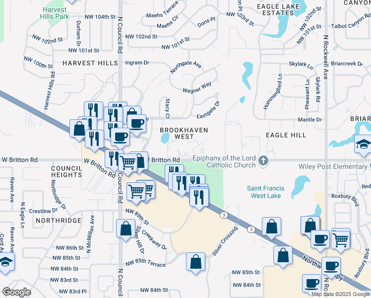 map of restaurants, bars, coffee shops, grocery stores, and more near 7707 West Britton Road in Oklahoma City