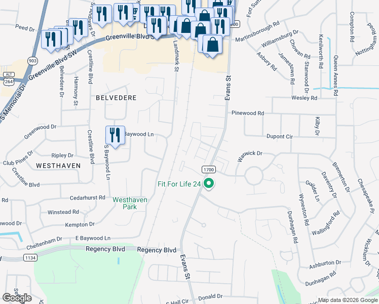map of restaurants, bars, coffee shops, grocery stores, and more near 141 West Victoria Court in Greenville