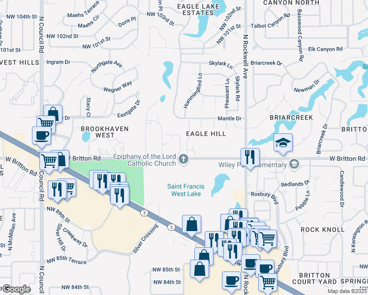 map of restaurants, bars, coffee shops, grocery stores, and more near 9501 Eagle Hill Drive in Oklahoma City