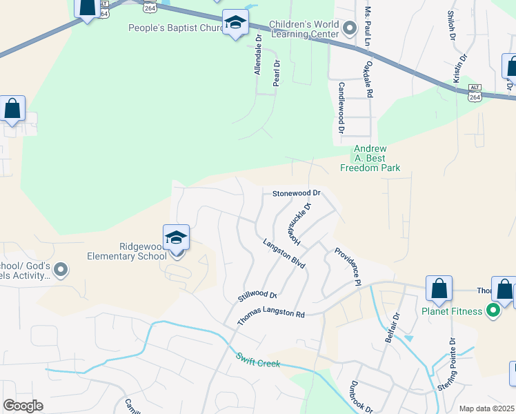 map of restaurants, bars, coffee shops, grocery stores, and more near 3312 Langston Boulevard in Winterville