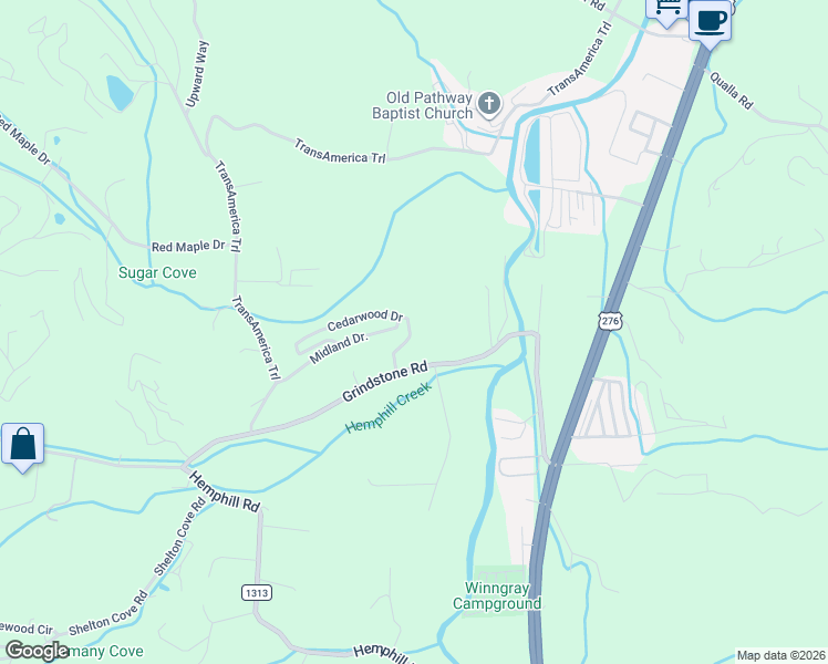 map of restaurants, bars, coffee shops, grocery stores, and more near 443 Cedarwood Drive in Waynesville