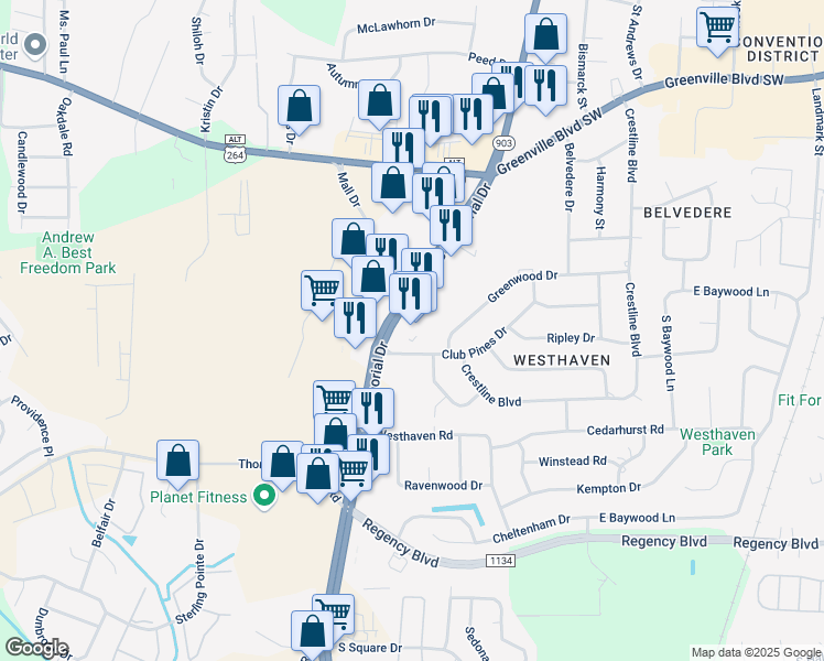 map of restaurants, bars, coffee shops, grocery stores, and more near 3525 South Memorial Drive in Greenville