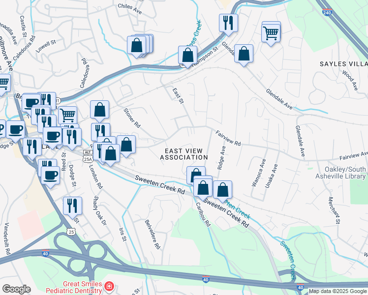 map of restaurants, bars, coffee shops, grocery stores, and more near 54 Eastview Avenue in Asheville