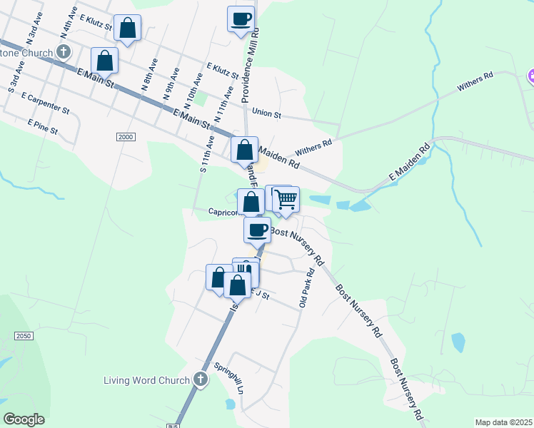 map of restaurants, bars, coffee shops, grocery stores, and more near 201 Island Ford Road in Maiden