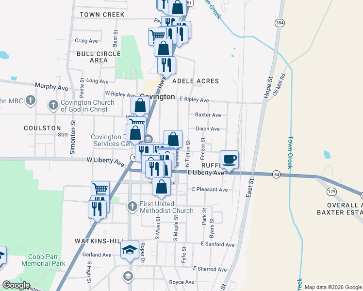 map of restaurants, bars, coffee shops, grocery stores, and more near 306 North Maple Street in Covington