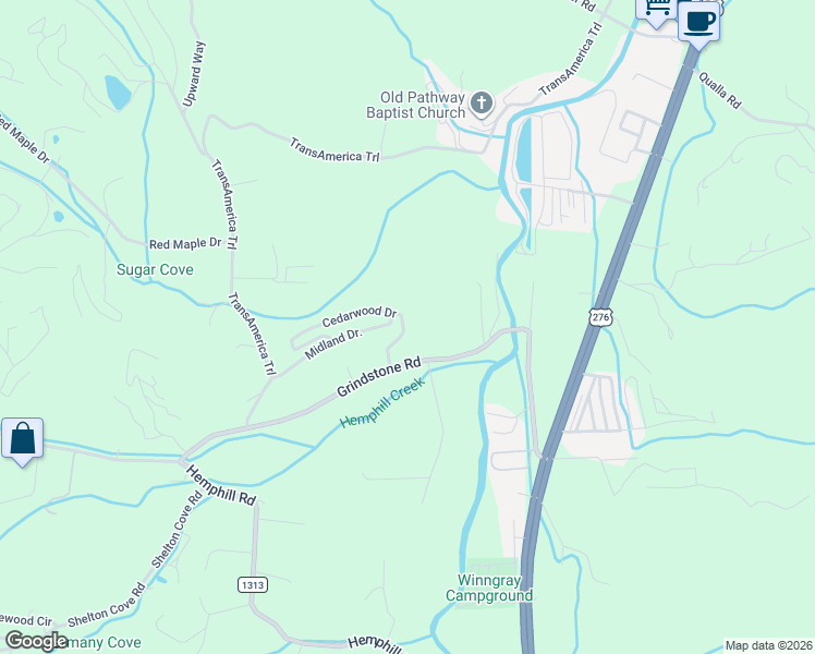 map of restaurants, bars, coffee shops, grocery stores, and more near 443 Cedarwood Drive in Waynesville