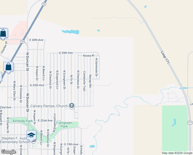 map of restaurants, bars, coffee shops, grocery stores, and more near 2606 North Seminole Drive in Pampa