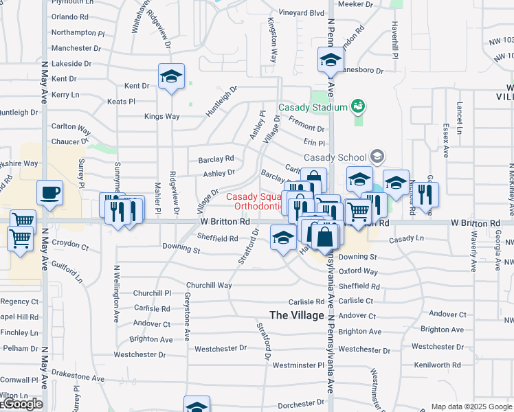 map of restaurants, bars, coffee shops, grocery stores, and more near 9501 Stratford Drive in The Village