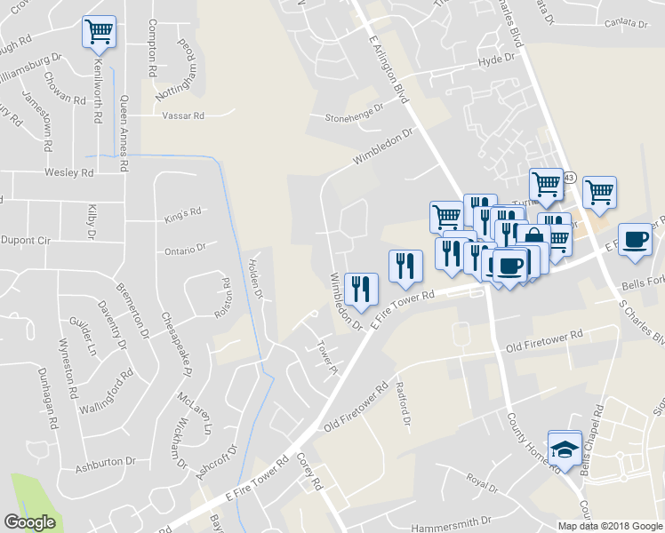 map of restaurants, bars, coffee shops, grocery stores, and more near 1570 Wimbledon Drive in Greenville