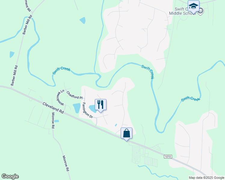 map of restaurants, bars, coffee shops, grocery stores, and more near 48 Leather Oak Trail in Clayton