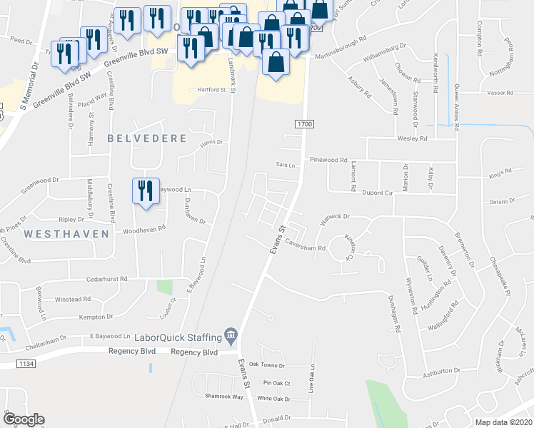map of restaurants, bars, coffee shops, grocery stores, and more near 121 East Victoria Court in Greenville