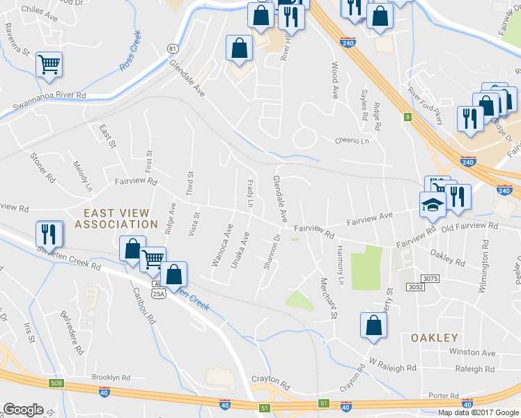 map of restaurants, bars, coffee shops, grocery stores, and more near 6 Blalock Avenue in Asheville