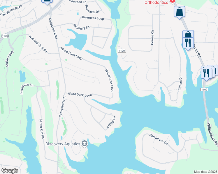 map of restaurants, bars, coffee shops, grocery stores, and more near 250 Wood Duck Loop in Mooresville