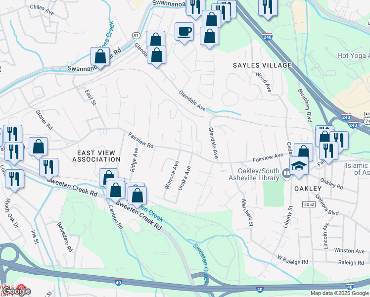 map of restaurants, bars, coffee shops, grocery stores, and more near 522 Fairview Road in Asheville