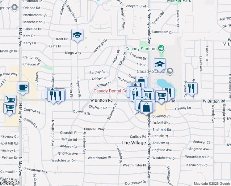 map of restaurants, bars, coffee shops, grocery stores, and more near 9501 Stratford Drive in The Village