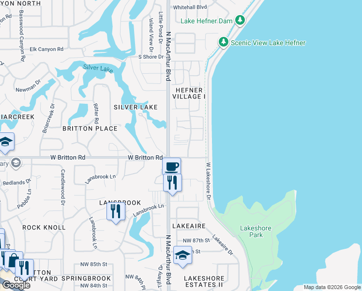 map of restaurants, bars, coffee shops, grocery stores, and more near 33 Hefner Village Boulevard in Oklahoma City