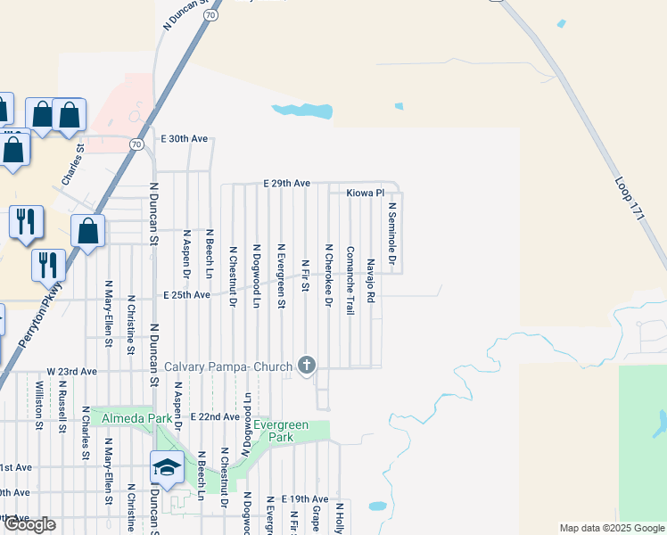 map of restaurants, bars, coffee shops, grocery stores, and more near 2600 North Cherokee Drive in Pampa