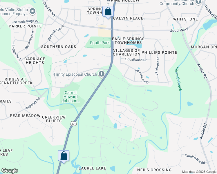 map of restaurants, bars, coffee shops, grocery stores, and more near 1201 Bowling Road in Fuquay-Varina