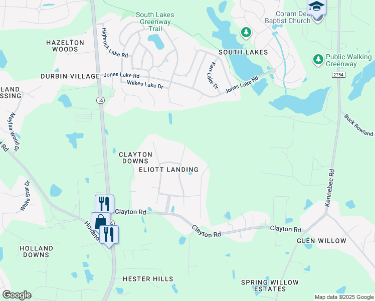 map of restaurants, bars, coffee shops, grocery stores, and more near 7117 Blue Juniper Court in Fuquay-Varina