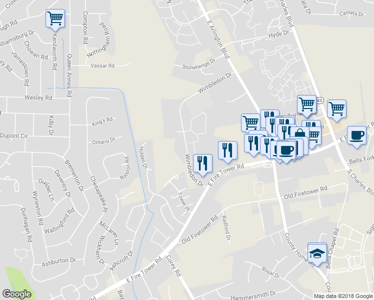 map of restaurants, bars, coffee shops, grocery stores, and more near 1550 Wimbledon Drive in Greenville