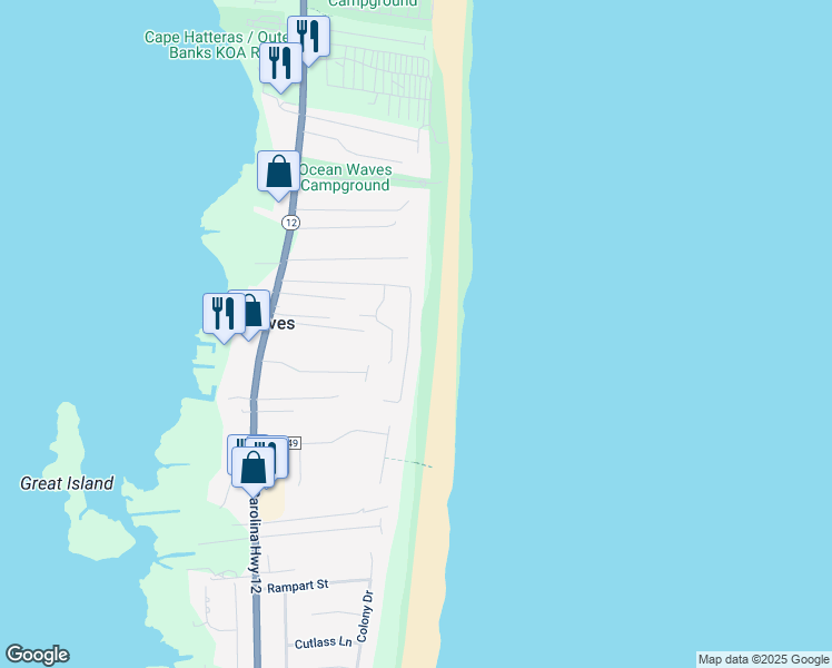 map of restaurants, bars, coffee shops, grocery stores, and more near 25278 Sea Isle Hills Drive in Dare County