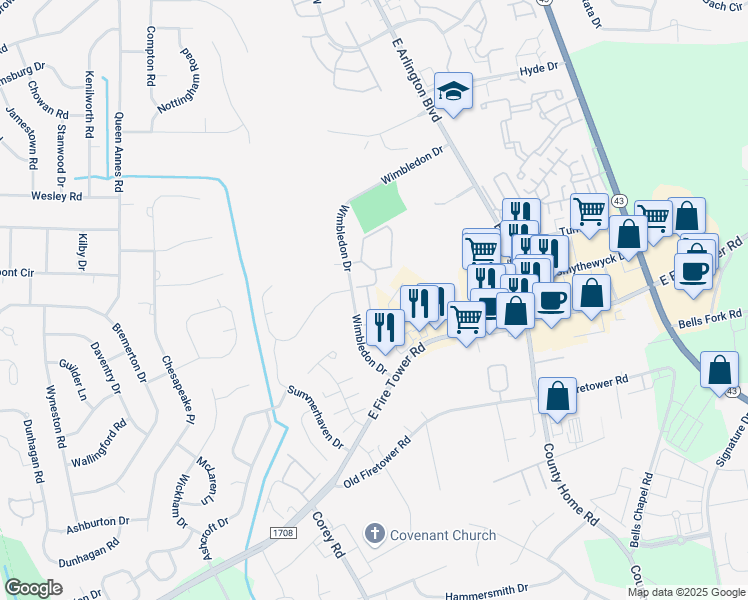 map of restaurants, bars, coffee shops, grocery stores, and more near 1550 Wimbledon Drive in Greenville