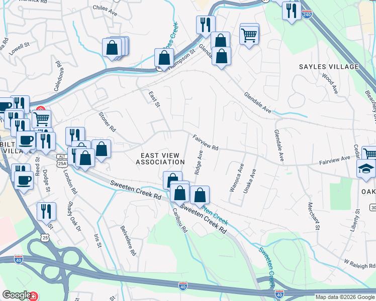 map of restaurants, bars, coffee shops, grocery stores, and more near 1D Ridge Avenue in Asheville