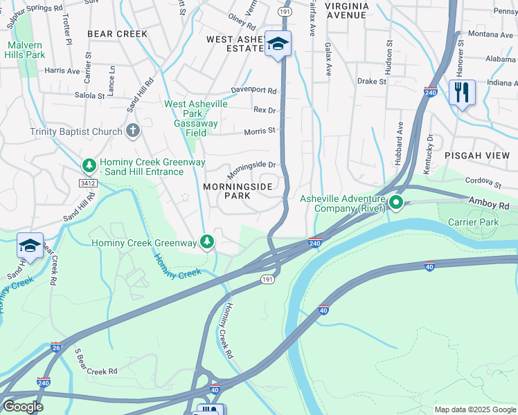 map of restaurants, bars, coffee shops, grocery stores, and more near 6 Coventry Circle in Asheville