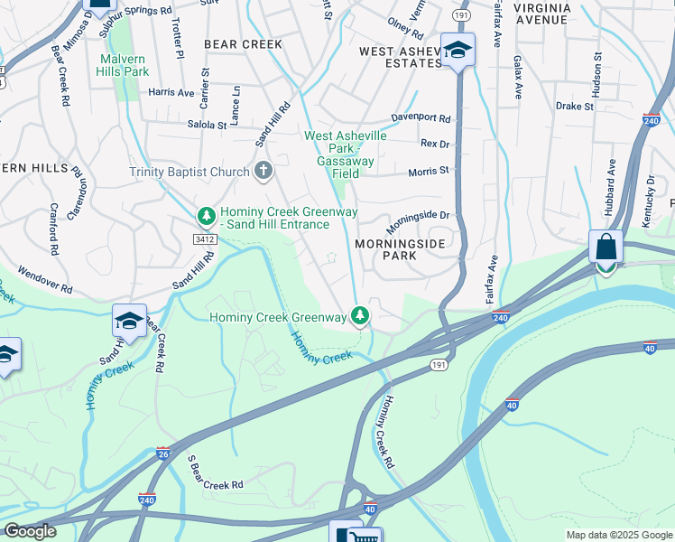 map of restaurants, bars, coffee shops, grocery stores, and more near 304 Westforest Lane in Asheville