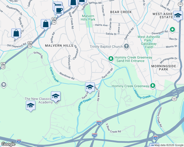 map of restaurants, bars, coffee shops, grocery stores, and more near 256 Bear Creek Road in Asheville