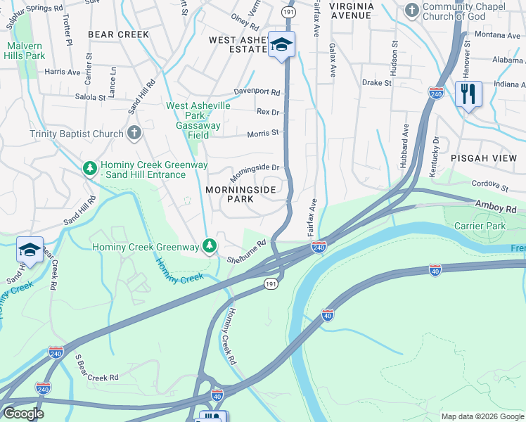 map of restaurants, bars, coffee shops, grocery stores, and more near 196 Morningside Drive in Asheville