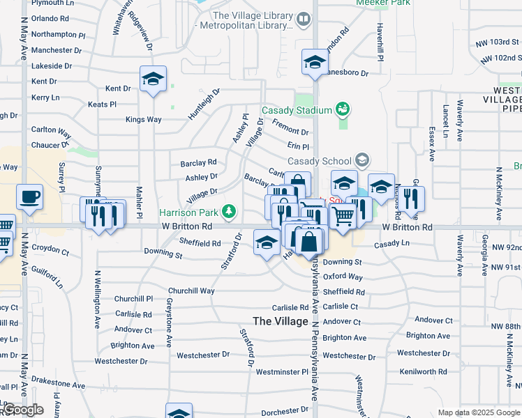 map of restaurants, bars, coffee shops, grocery stores, and more near 2223 Oxford Way in The Village