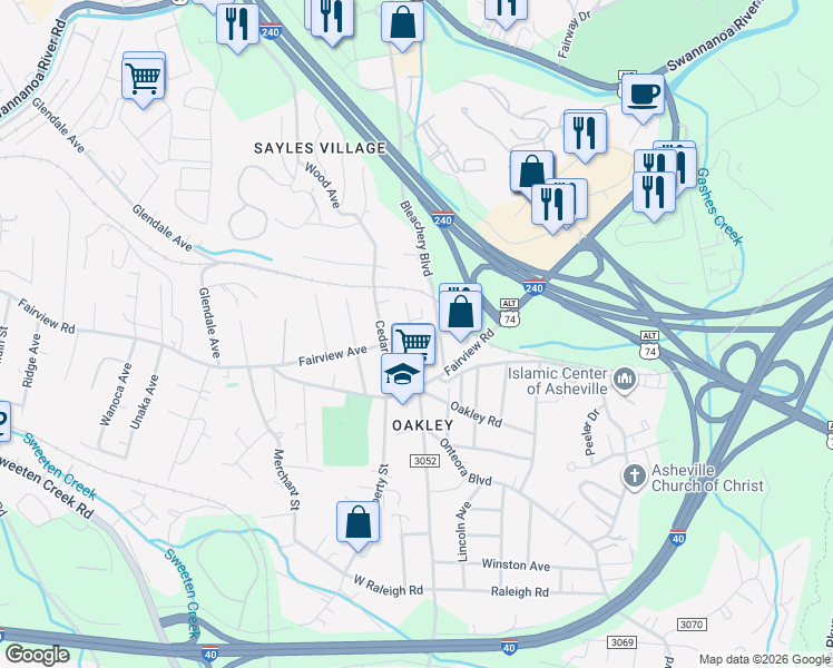 map of restaurants, bars, coffee shops, grocery stores, and more near 136 Fairview Ave in Asheville