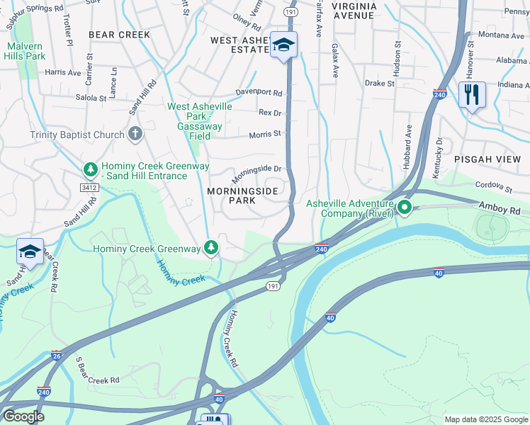 map of restaurants, bars, coffee shops, grocery stores, and more near 6 Coventry Circle in Asheville