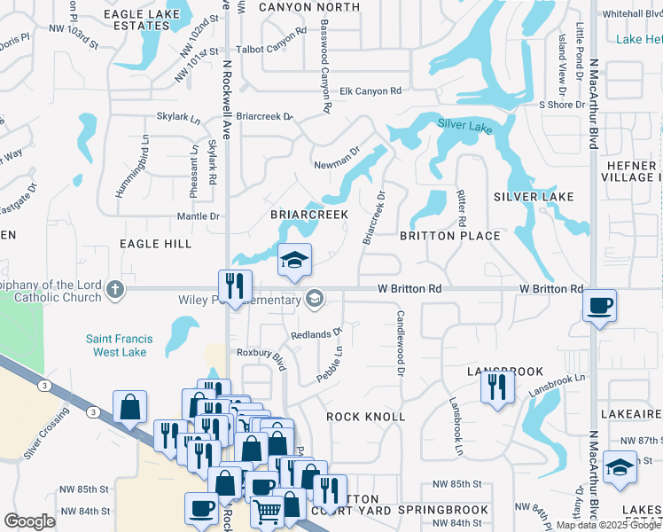map of restaurants, bars, coffee shops, grocery stores, and more near 9508 Regal Lane in Oklahoma City