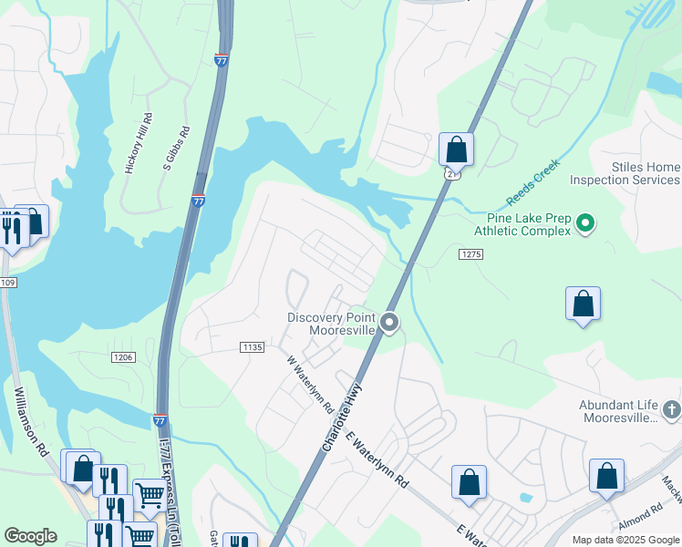 map of restaurants, bars, coffee shops, grocery stores, and more near 177 Reids Cove Drive in Mooresville