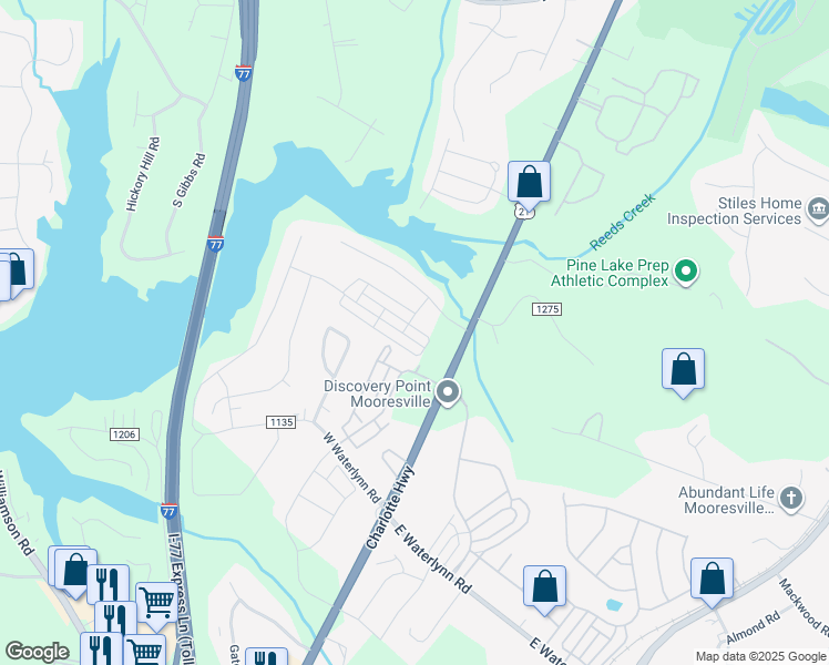 map of restaurants, bars, coffee shops, grocery stores, and more near 177 Reids Cove Drive in Mooresville