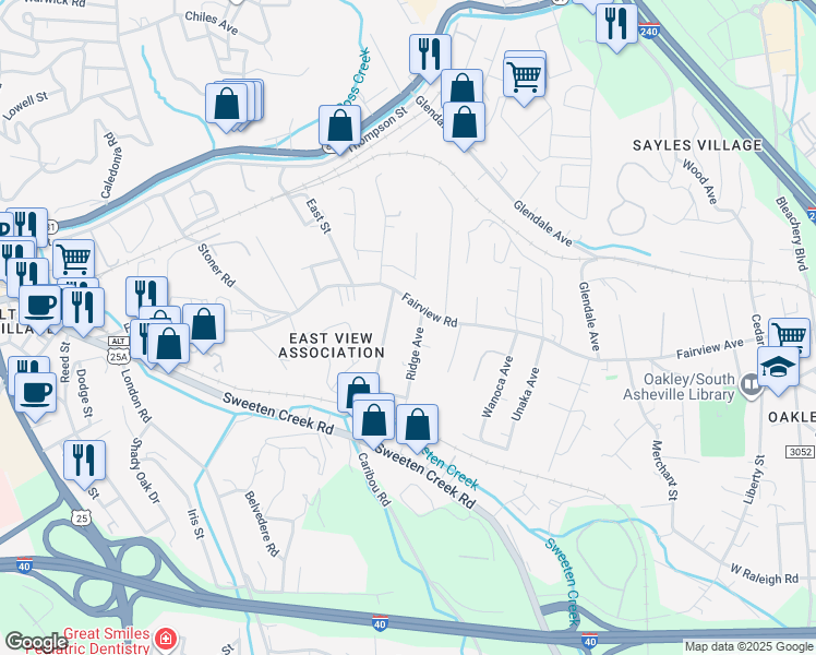 map of restaurants, bars, coffee shops, grocery stores, and more near 1D Ridge Avenue in Asheville
