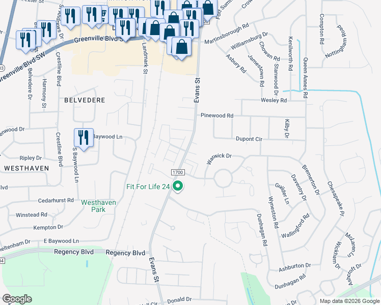map of restaurants, bars, coffee shops, grocery stores, and more near 141 East Victoria Court in Greenville