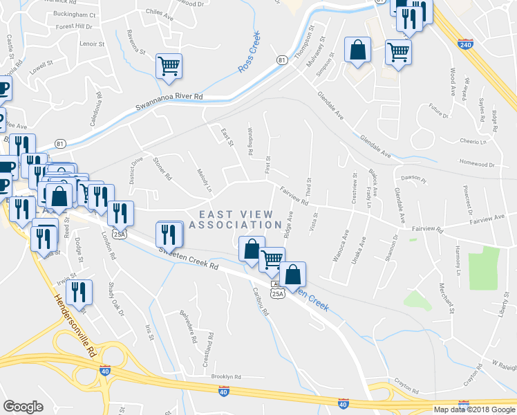 map of restaurants, bars, coffee shops, grocery stores, and more near 88 Eastview Avenue in Asheville