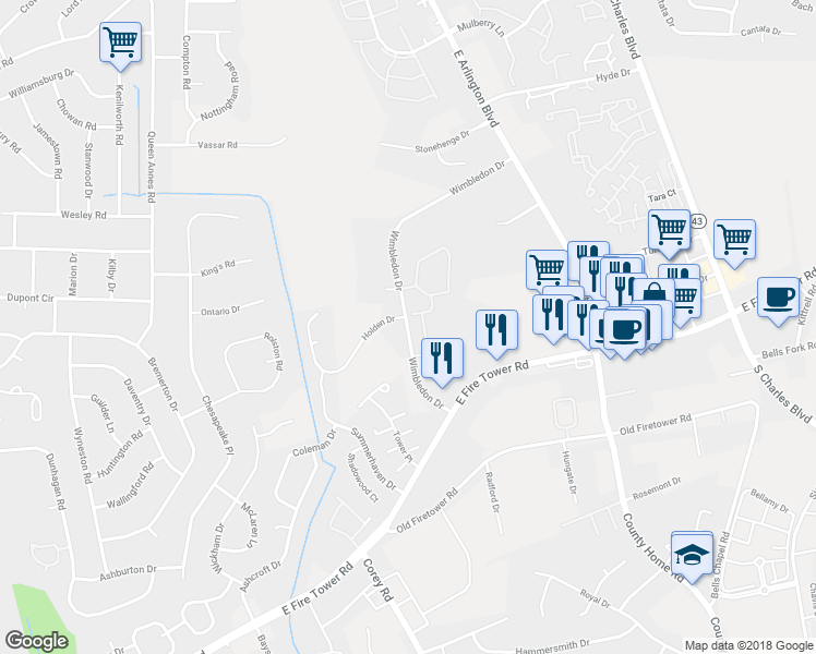 map of restaurants, bars, coffee shops, grocery stores, and more near 1520 Wimbledon Drive in Greenville