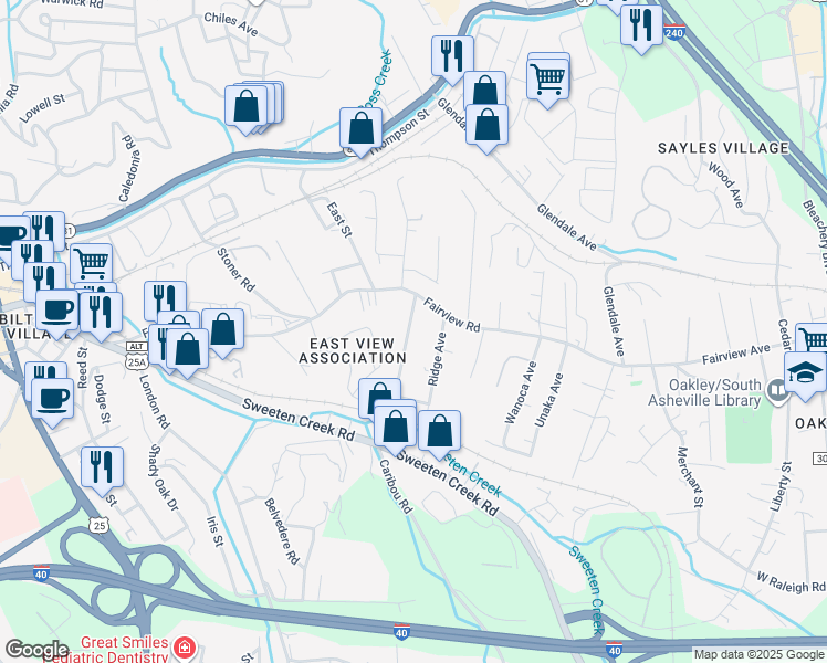 map of restaurants, bars, coffee shops, grocery stores, and more near 1D Ridge Avenue in Asheville