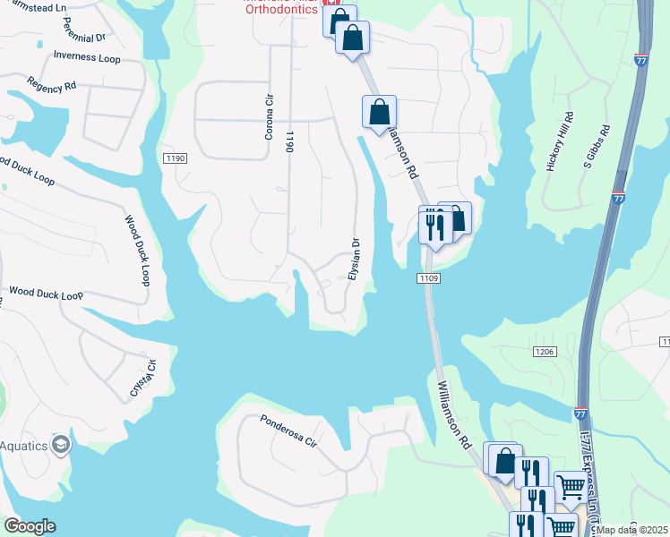 map of restaurants, bars, coffee shops, grocery stores, and more near 119 Zephyr Lane in Mooresville